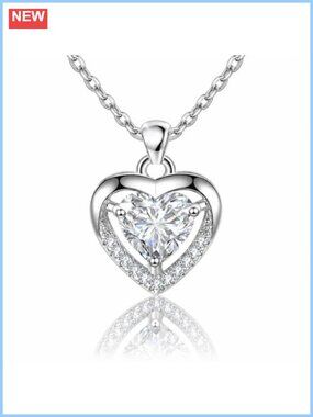 Simple 925 Sterling Silver Heart Pendant Necklace White Cubic Zirconia Gift